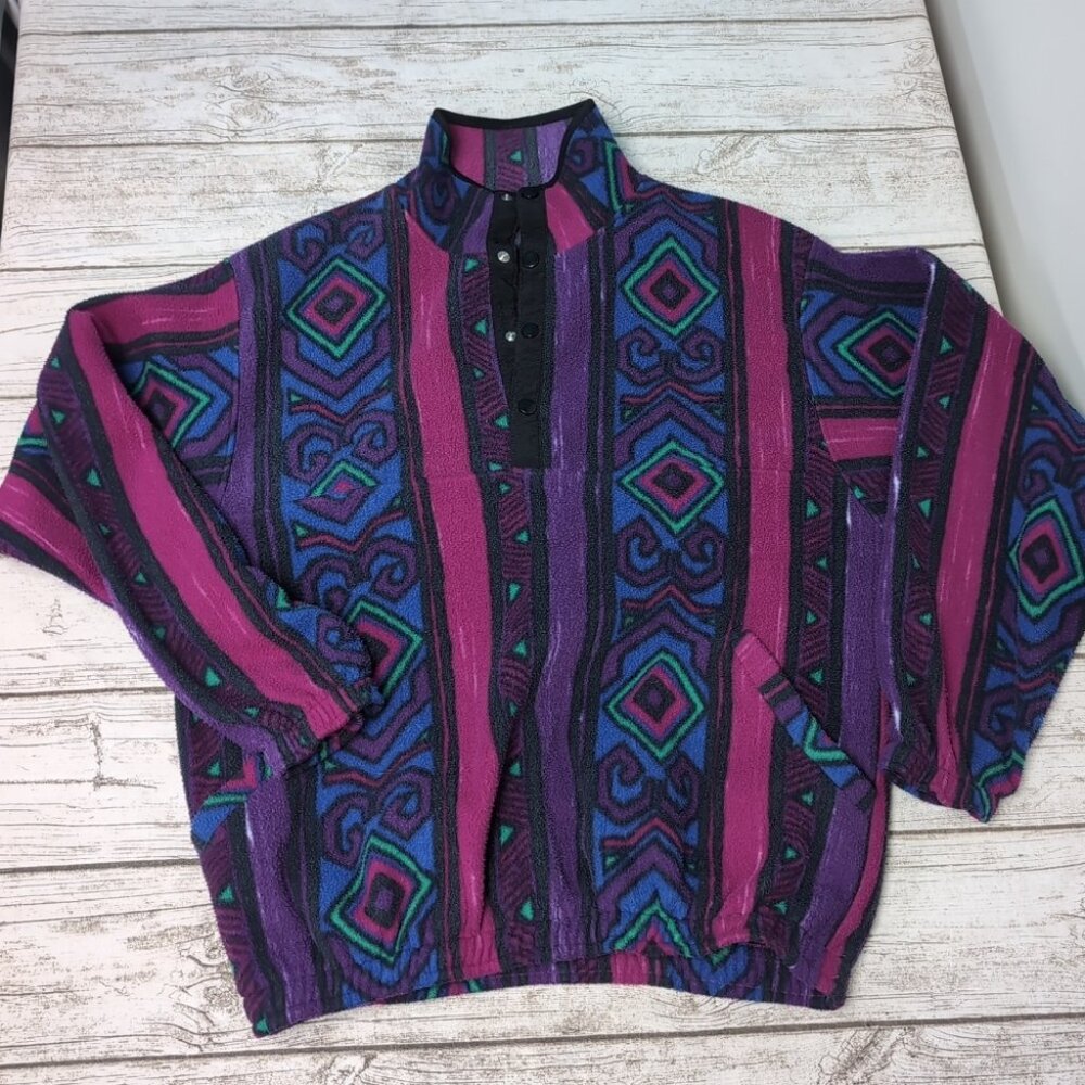 Vintage North Country 90s Purple Magenta Blue Southwestern Fleece T Snap Size M